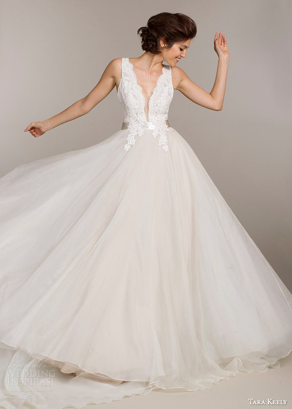 tara keely bridal spring 2015 wedding dress style 2500 sleeveless ball gown venise lace bodice plunging neckline