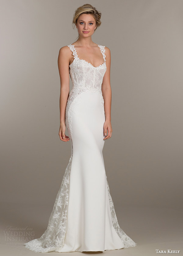 tara keely bridal spring 2015 wedding dress style 2501 sleeveless lace crepe trumpet mermaid gown straps venise lace appliques
