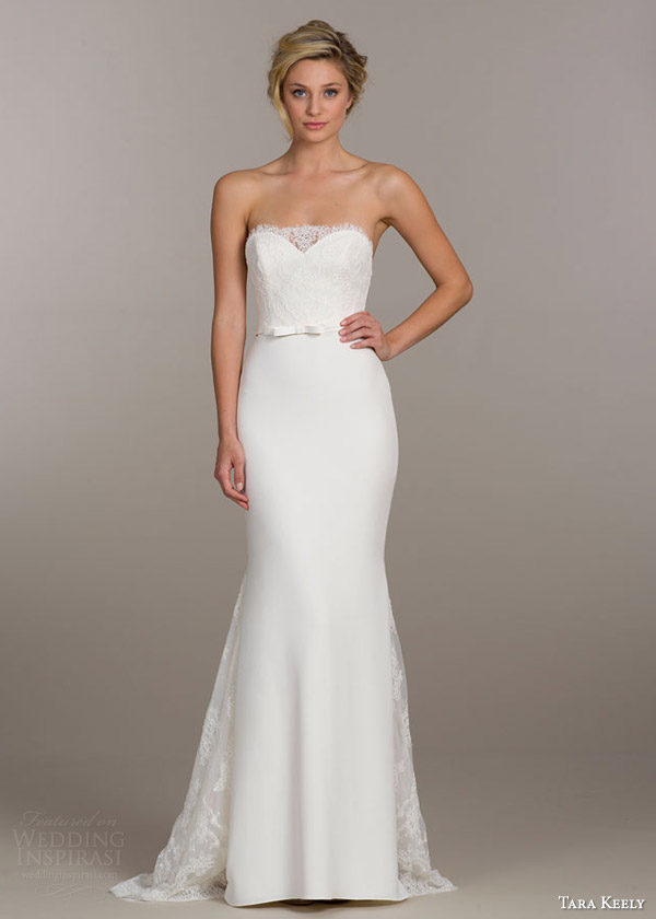 tara keely bridal spring 2015 wedding dress style 2507 strapless lace and crepe trumpet ball gown sweetheart illusion neckline belt