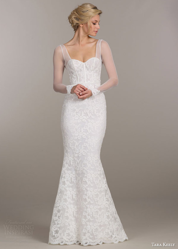 tara keely bridal spring 2015 wedding dress style 2509 trumpet lace mermaid gown illusion sleeves lace trim cuffs