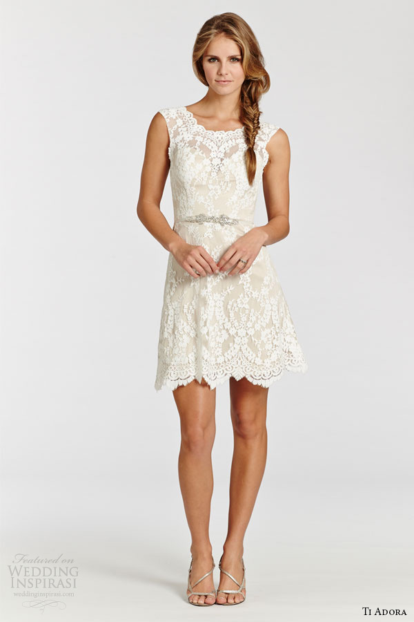 ti adora weding dress spring 2015 lace short dress sheer bateau neckline low open back jeweled natural waist 7503 tori zoom