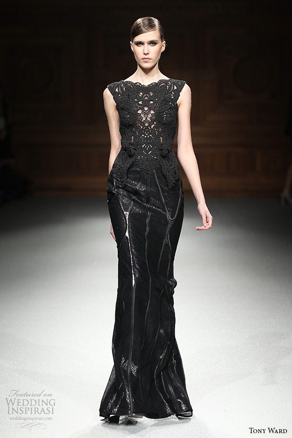 tony ward couture spring summer 2015 runway bateau neckline sleeveless black lace sheath black dress