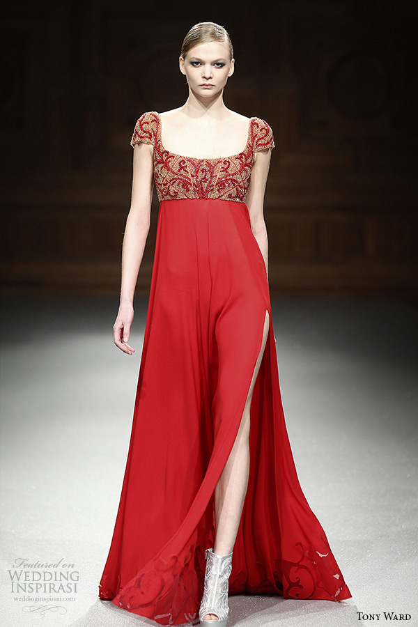 tony ward couture spring summer 2015 runway cap sleeves embroidered bodice empire red dress