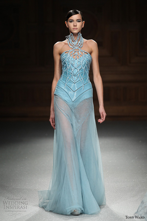 tony ward couture spring summer 2015 runway halter neck blue latex bodice sheer sheath gown