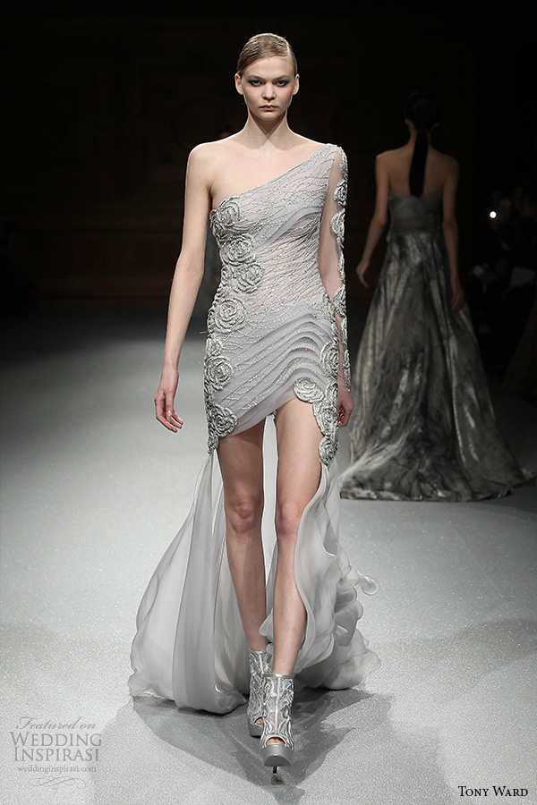 tony ward couture spring summer 2015 runway one shoulder grey short dress with train