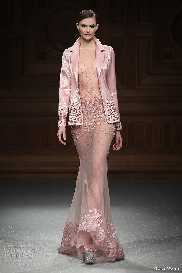 tony ward couture spring summer 2015 runway pink fit and flare sheer dress with jacket