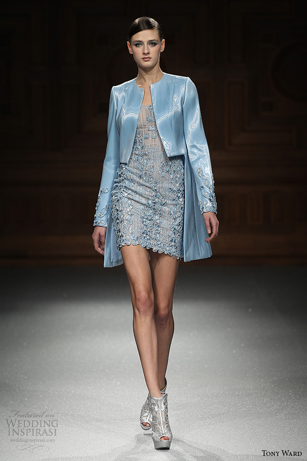 tony ward couture spring summer 2015 runway short blug dress with blue shiny jacket