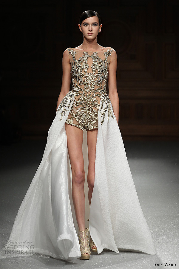 tony ward couture spring summer 2015 runway sleeveless bateau neckline filigree embroidery play suit with overskirt