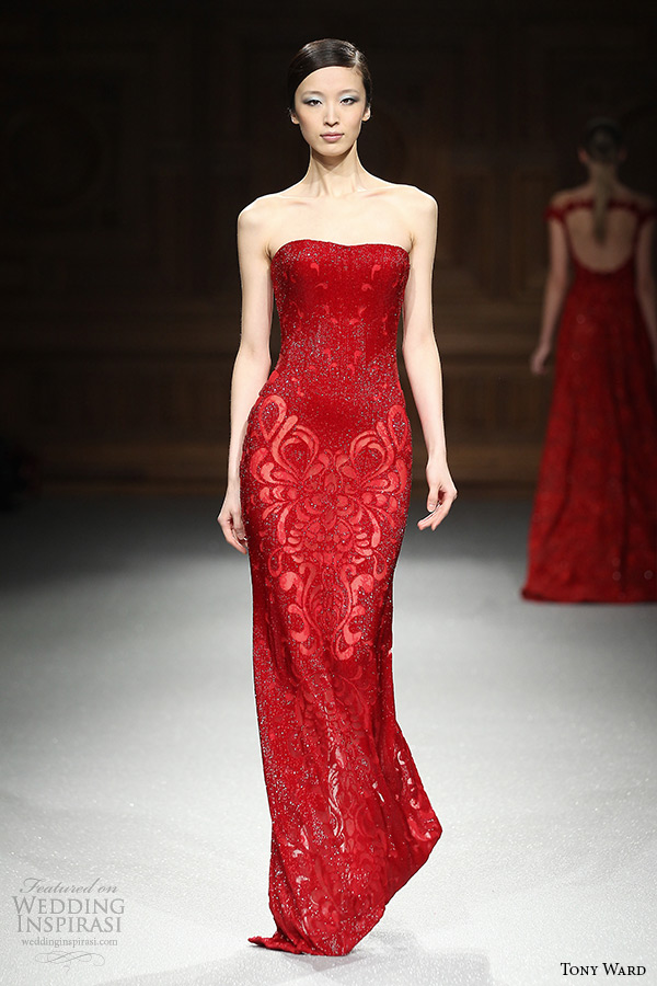 tony ward couture spring summer 2015 runway straight across neckline sheath red dress