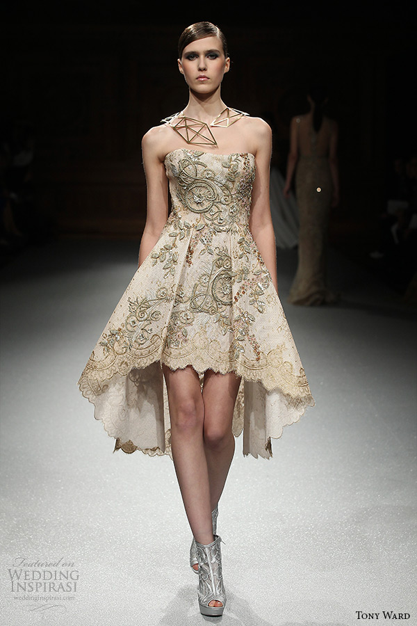 tony ward couture spring summer 2015 runway strapless short dress gold champagne color