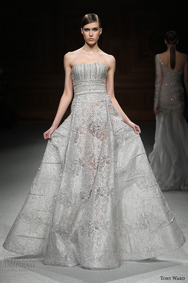 tony ward couture spring summer 2015 runway strapless straight across shimmering grey aline gown