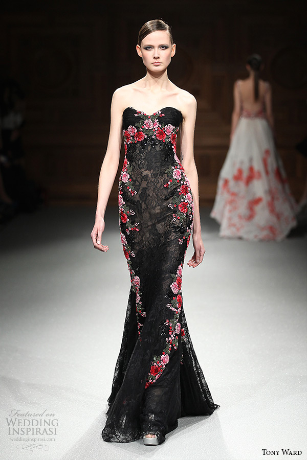 tony ward couture spring summer 2015 runway strapless sweetheart neckline black mermaid dress with red floral prints