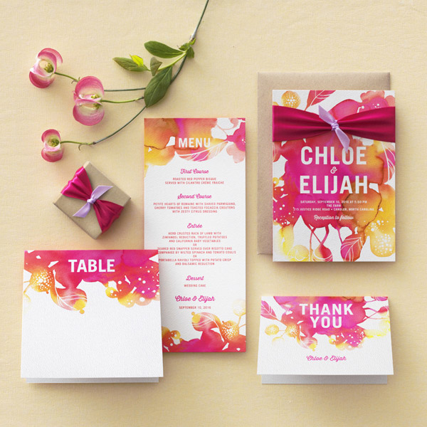 wedding paper divas blooming together wedding invitation suite watercolor theme invites purple pink fuchsia yellow orange kraft