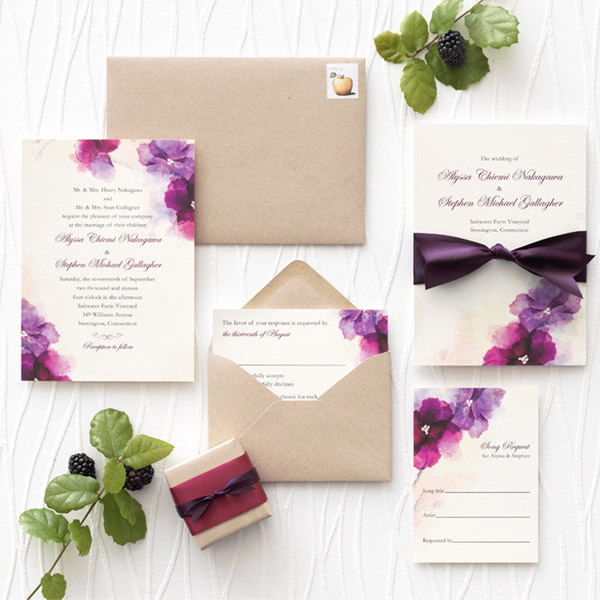 wedding paper divas soft bougainvillea wedding invitation suite watercolor theme invites purple fuchsia kraft