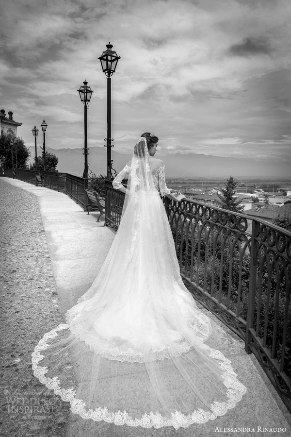 alessandra rinaudo bridal 2015 sahara ball gown wedding dress off shoulder three quarter sleeves lace bodice back view train