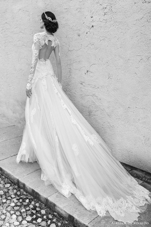 alessandra rinaudo bridal 2015 sarah wedding dress illusion long sleeves back view train close up