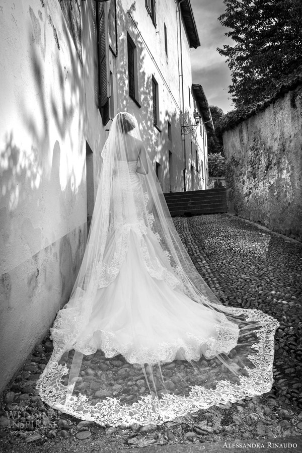 alessandra rinaudo bridal 2015 soraya strapless lace wedding dress fit flare silhouette back view mantilla veil