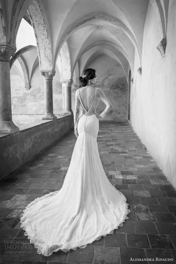 alessandra rinaudo bridal 2015 star wedding dress long sleeve fit flare mermaid deep v back view chapel train