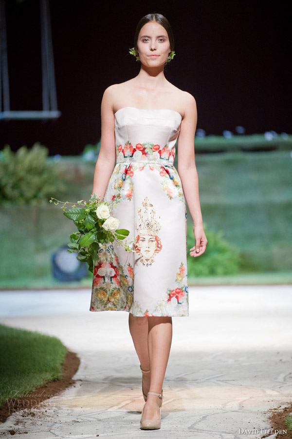 david fielden 2015 8313 bridal strapless mini wedding dress floral print style