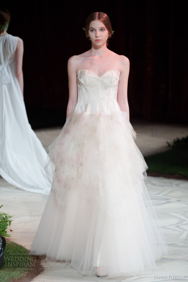 david fielden 2015 bridal 8336 strapless ball gown wedding dress floral print overlay