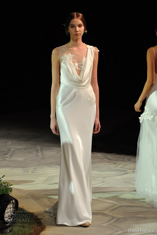 david fielden 2015 bridal 8342 sleeveless wedding dress draped bodice illusion
