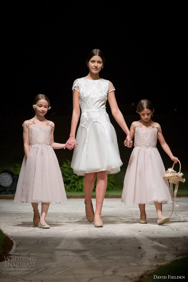 david fielden 2015 bridal 8351 illusion short sleeve mini wedding dress pink flower girls
