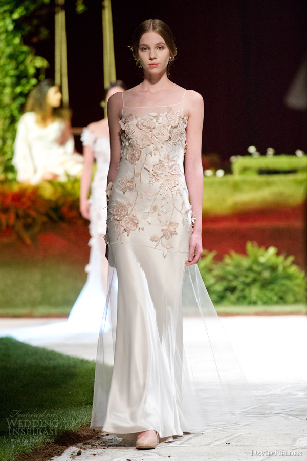 david fielden 2015 bridal 8374 sleeveless colored wedding dress thin straps illusion neckline 3d flower applique