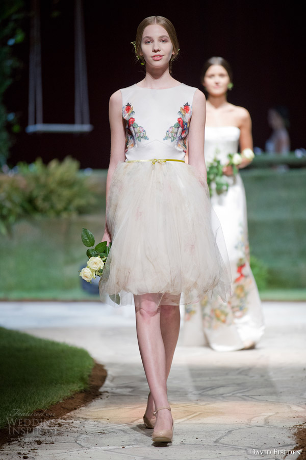 david fielden 2015 bridal 8380 sleeveless mini wedding dress bubble skirt floral pring tulle overlay