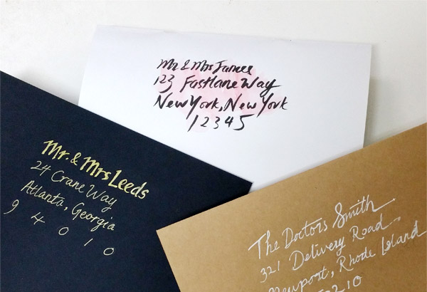 diy wedding invitation address line calligraphy handwritten addresses gold brush watercolor kraft paper