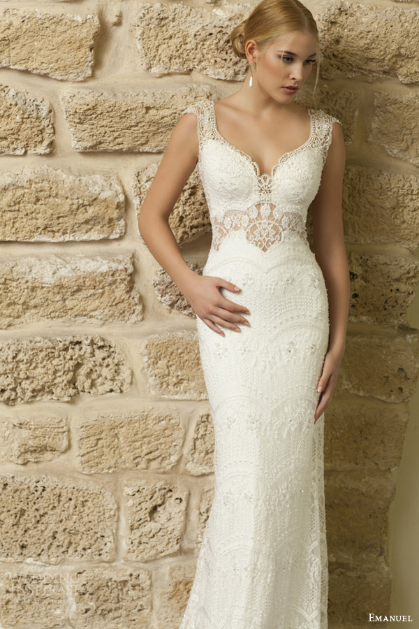 emanuel haute couture bridal 2015 cap sleeve sheath wedding dress intricate detailing