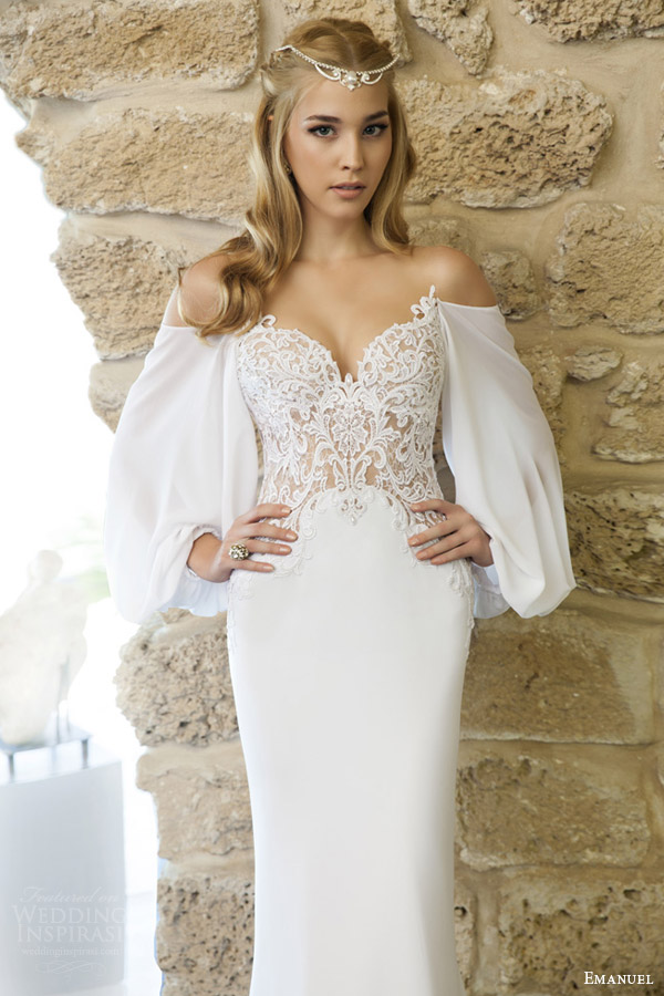 emanuel haute couture bridal 2015 romantic wedding dress lace bodice draped billowy long sleeves 3769