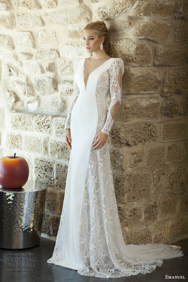 emanuel haute couture bridal 2015 sheath wedding dress deep v neckline long puff sleeves full view train emanuel haute couture bridal 2015 sheath wedding dress deep v neckline long puff sleeves full view train