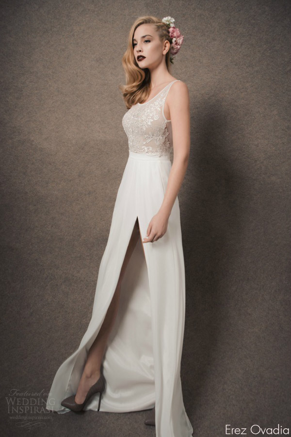 erez ovadia bridal 2015 alexa sleeveless wedding dress illusion bodice high slit erez ovadia bridal 2015 alexa sleeveless wedding dress illusion bodice high slit