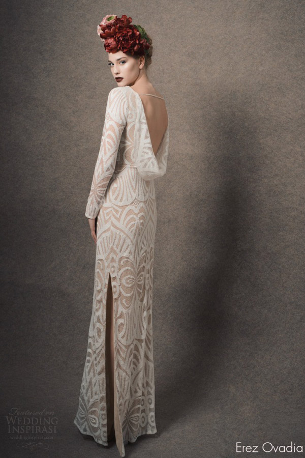 erez ovadia bridal 2015 blossom diane long sleeve wedding dress deep v neckline cowl back view