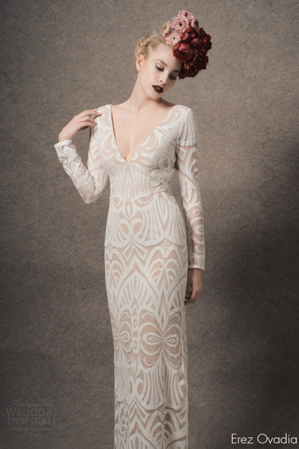 erez ovadia bridal 2015 blossom diane long sleeve wedding dress deep v neckline