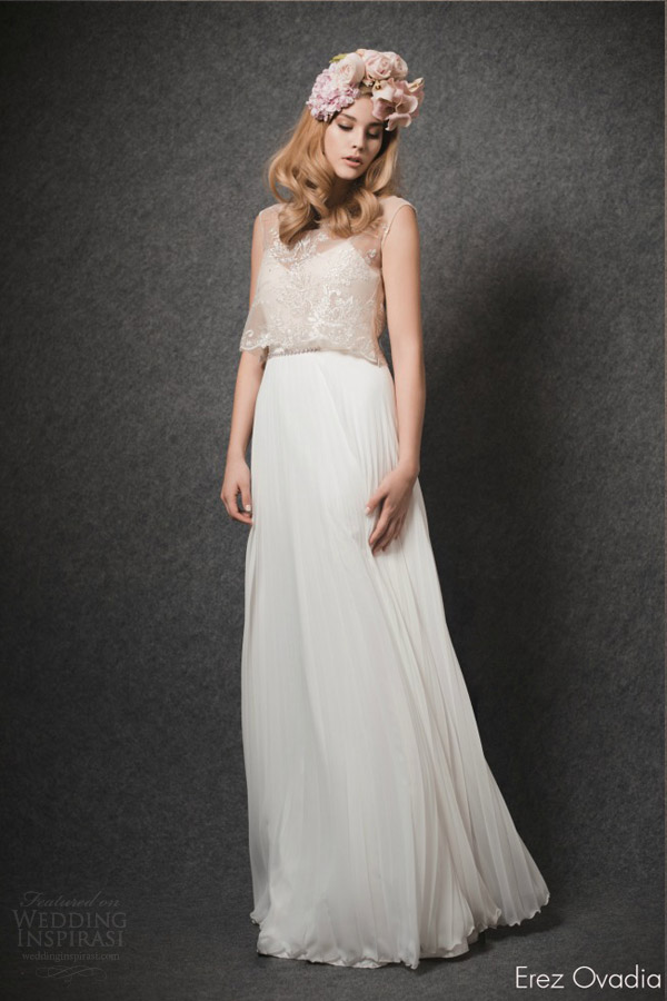 erez ovadia bridal 2015 blossom dree pleated wedding dress sleeveless illusion overlay top