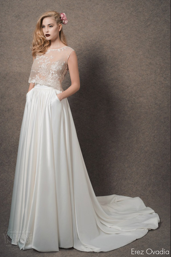 erez ovadia bridal 2015 blossom grace two piece wedding dress sleeveless illusion crop top skirt