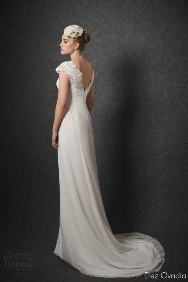 erez ovadia bridal 2015 ella sweetheart neckline cap sleeves topper column wedding dress v back view