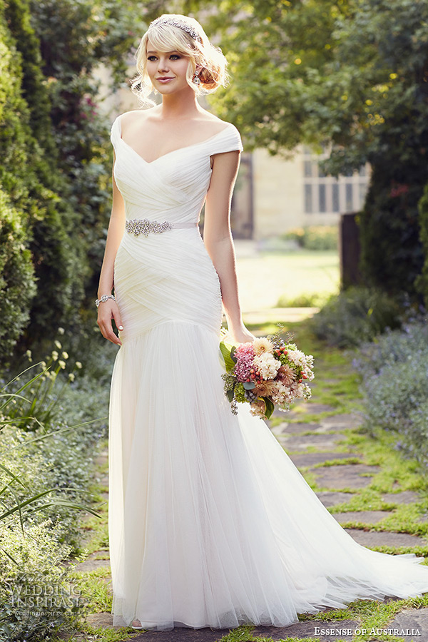 essense of australia wedding dress 2015 bridal cap sleeves off the shoulder neckline tulle trumpet gown d1802