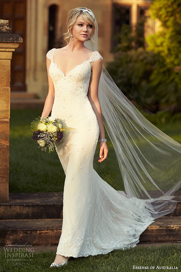 essense of australia wedding dress 2015 bridal cap sleeves v neckline sheath gown with train d1767