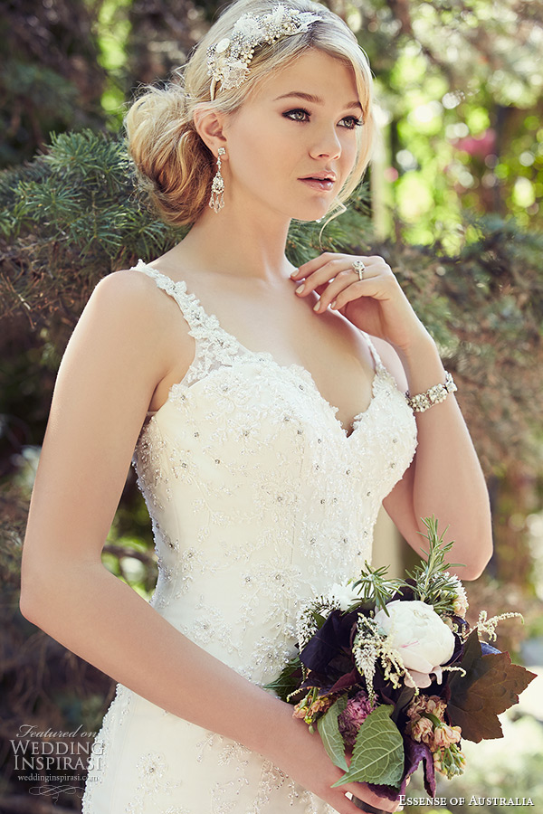 essense of australia wedding dress 2015 bridal jeweled lace shoulder strap v neckline mermaid gown d1779 zoom