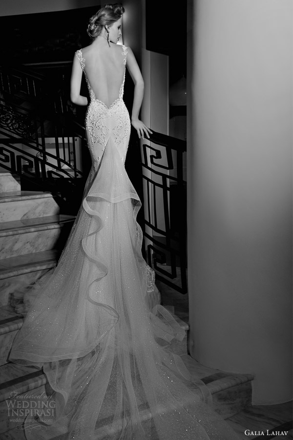 galia lahav 2015 tales of jazz age 2 isadora cap sleeve lace buildup sheath wedding dress overlay split sweetheart neckline back view ruffle train