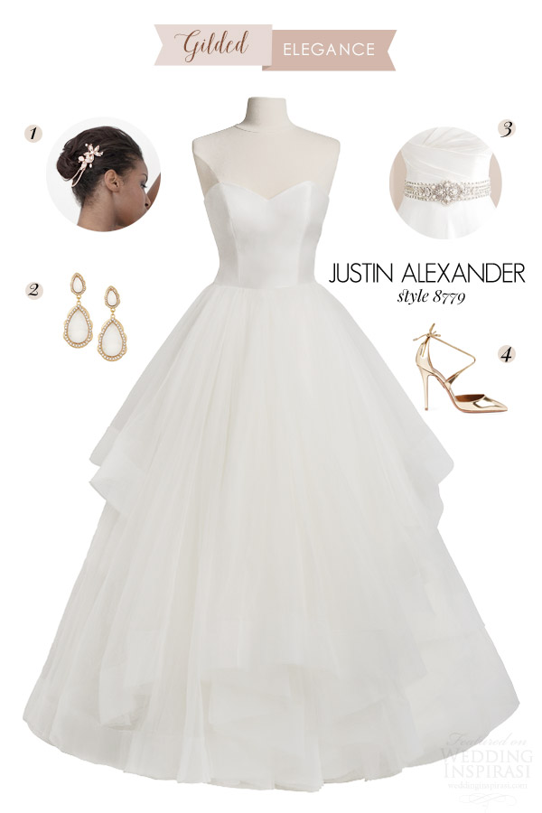 justin alexander style 8779 strapless ball gown wedding dress bridal style inspiration gilded elegance rose gold headpiece earrings metallic pump shoes pearl belt