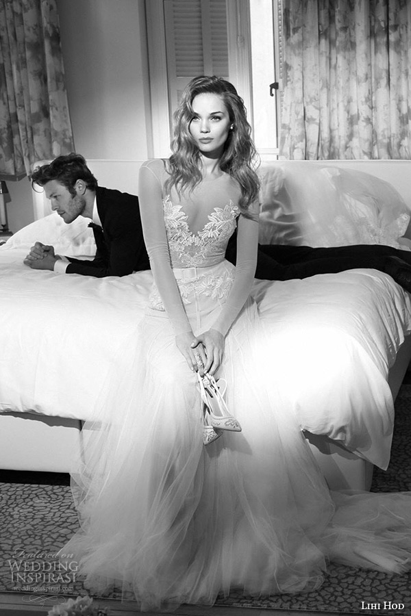 lihi hod wedding dresses 2015 bridal gown illusion long sleeves filigree sweetheart neckline tulle a line skirt style jeniffer