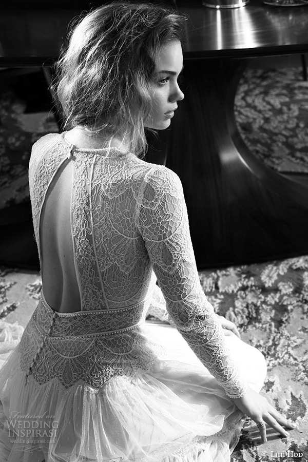 lihi hod wedding dresses 2015 bridal gown jewel neckline long sleeves lace sheer bodice pleated column dress style sophia back view