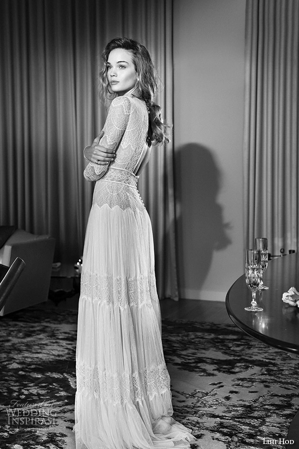 lihi hod wedding dresses 2015 bridal gown jewel neckline long sleeves lace sheer bodice pleated column dress style sophia side view