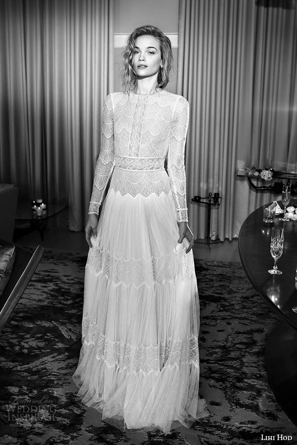 lihi hod wedding dresses 2015 bridal gown jewel neckline long sleeves lace sheer bodice pleated column dress style sophia