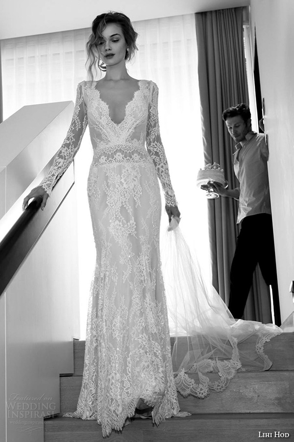 lihi hod wedding dresses 2015 bridal gown long sleeves v neckline full lace sheath dress style white oriental