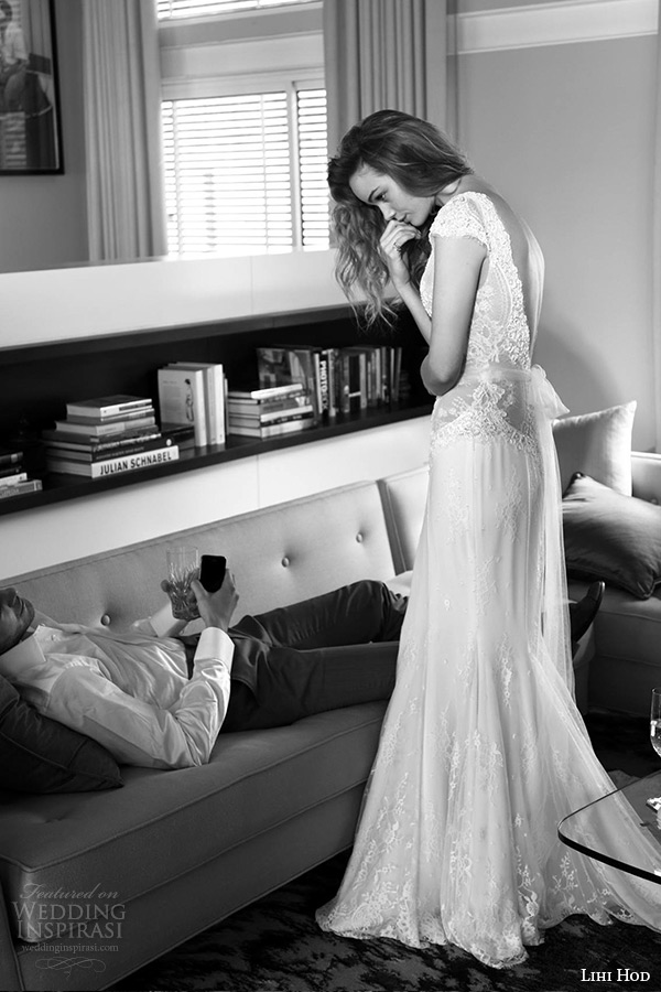 lihi hod wedding dresses 2015 bridal gown plunging v neckline cap sleeves lace bodice sheath dress style noelle side view lihi hod wedding dresses 2015 bridal gown plunging v neckline cap sleeves lace bodice sheath dress style noelle side view