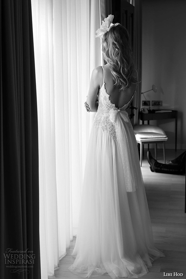 lihi hod wedding dresses 2015 bridal gown spagetti strap v neckline lace bodice tullet a line skirt full length dress style midnight ballerina back view